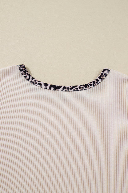 Parchment Ribbed Contrast Leopard Edge Round Neck Plus Knit Top