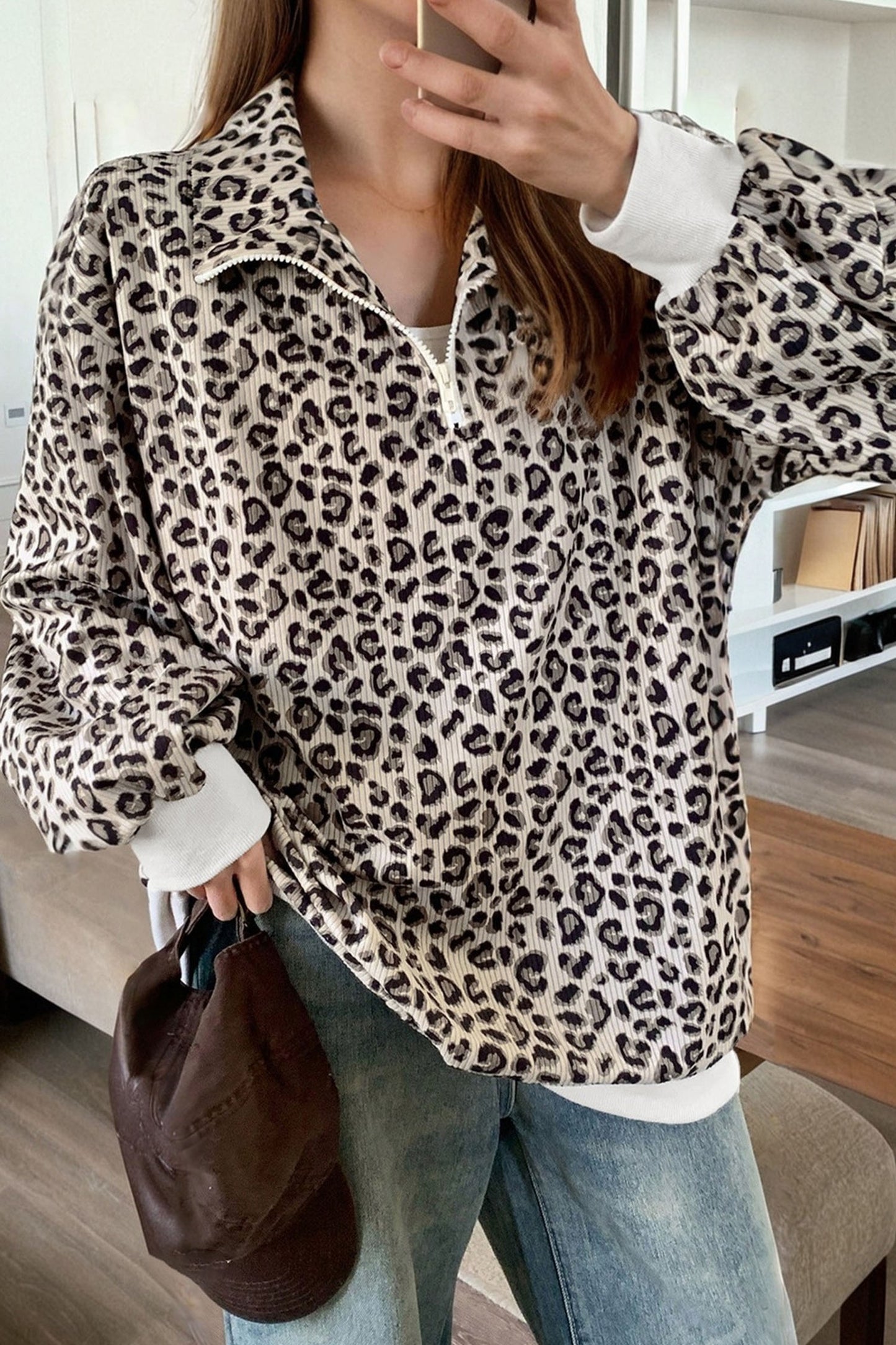 Beige Leopard Print Quarter Zip Corduroy Sweatshirt