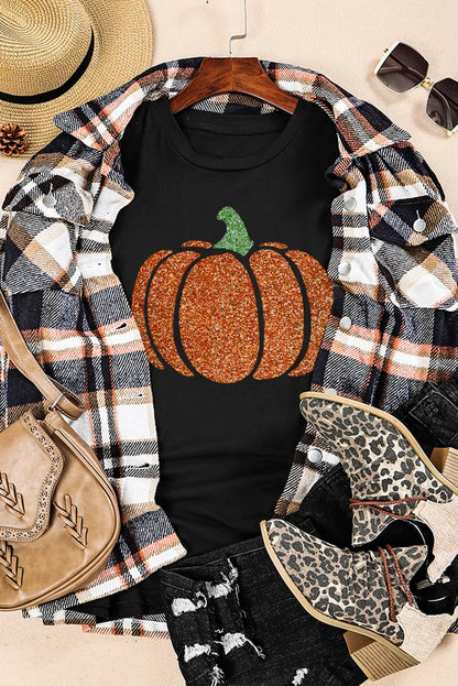 Glitter Pumpkin Round Neck Short Sleeve T-Shirt - Aaria Tees