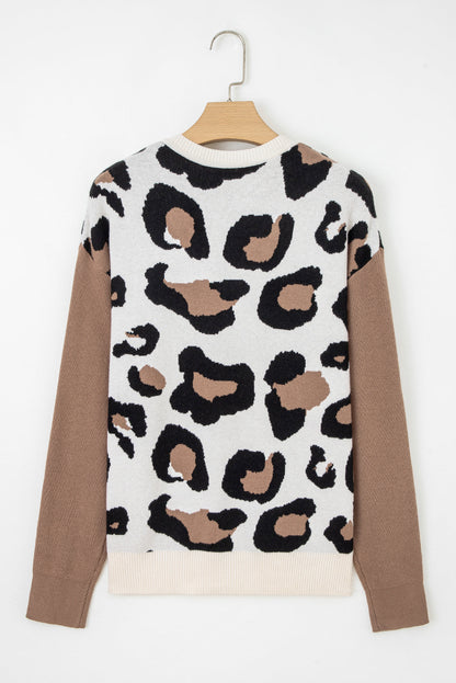 Leopard Colorblock Drop Shoulder V-Neck Sweater