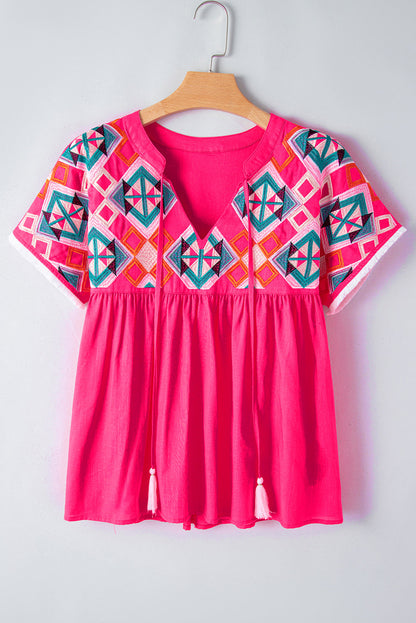 Zayla Embroidered Tassel Tie V Neck Blouse - Aaria Tees
