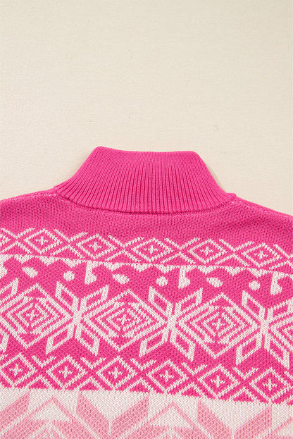 Rose Red Christmas Snowflake Quarter Zip Collard Sweater