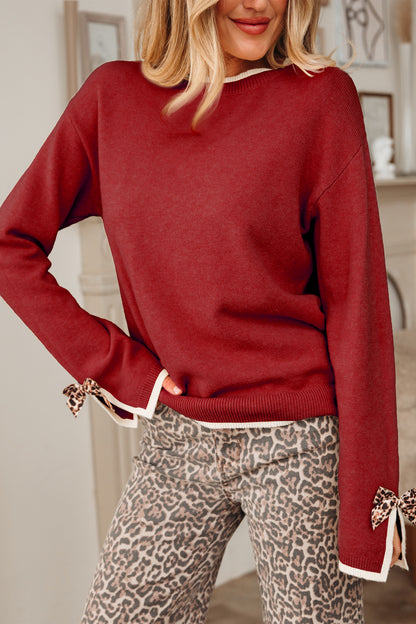 Racing Red Leopard Bow Decor Split Cuff Contrast Trim Sweater
