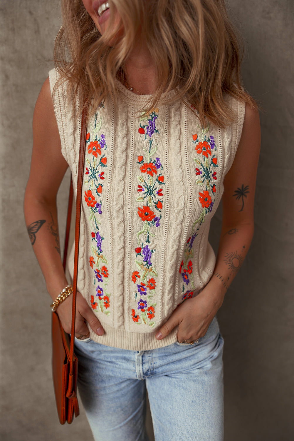 Jet Stream Embroidered Floral Cable Knit Sweater Vest Aaria Tees