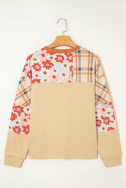Parchment Floral Plaid Patchwork Casual Top