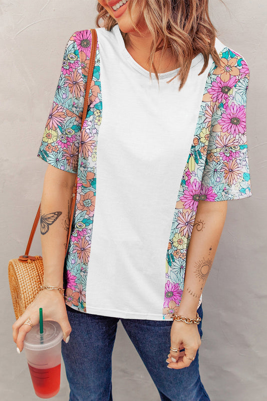 White Floral Print Patchwork Short Sleeve Top Aaria Tees