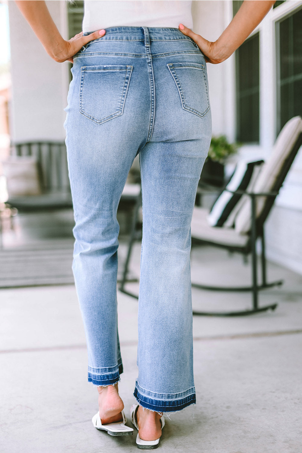 Sky Blue High Waist Buttoned Distressed Flared Jeans - Aaria Tees