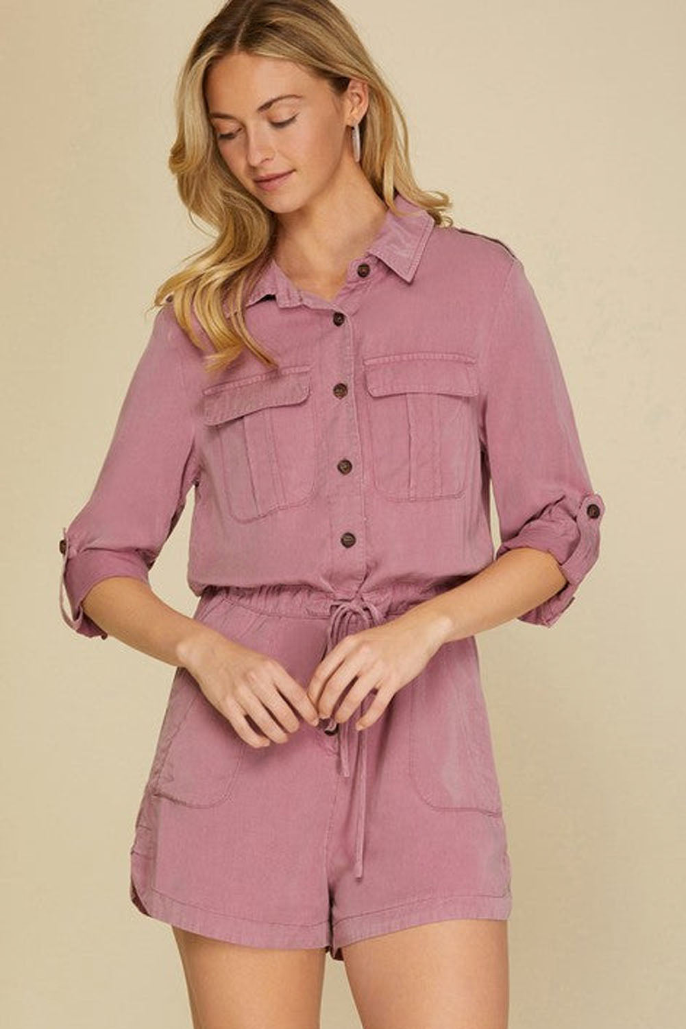 Reese Roll up Sleeve Flap Pockets Drawstring Romper Threaded Pear