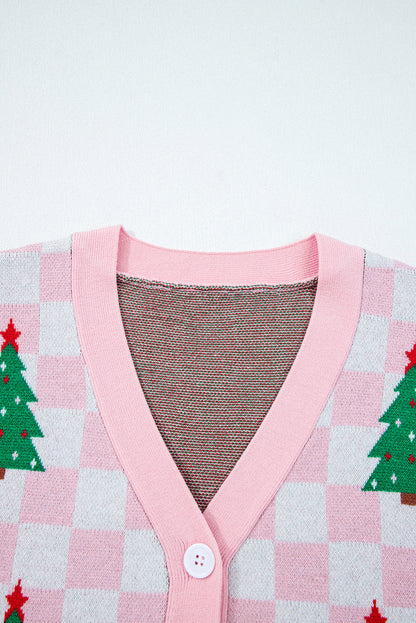 Checker Christmas Tree Buttoned V-Neck Cardigan Sweater