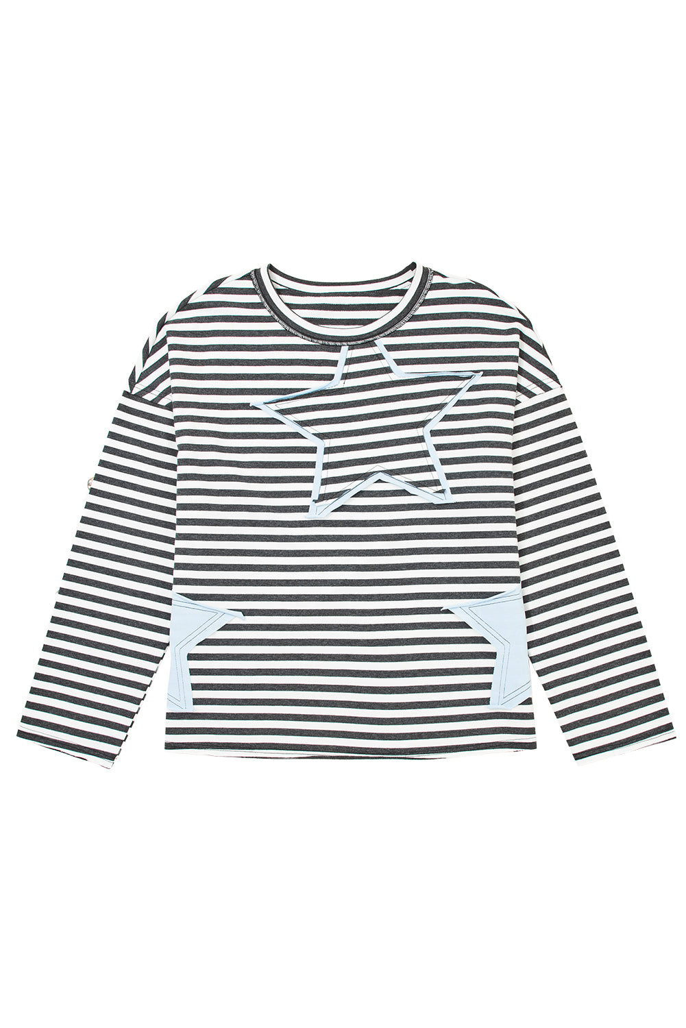Gray Stripe Starry Patch Drop Shoulder Raw Edge Casual Knit Top