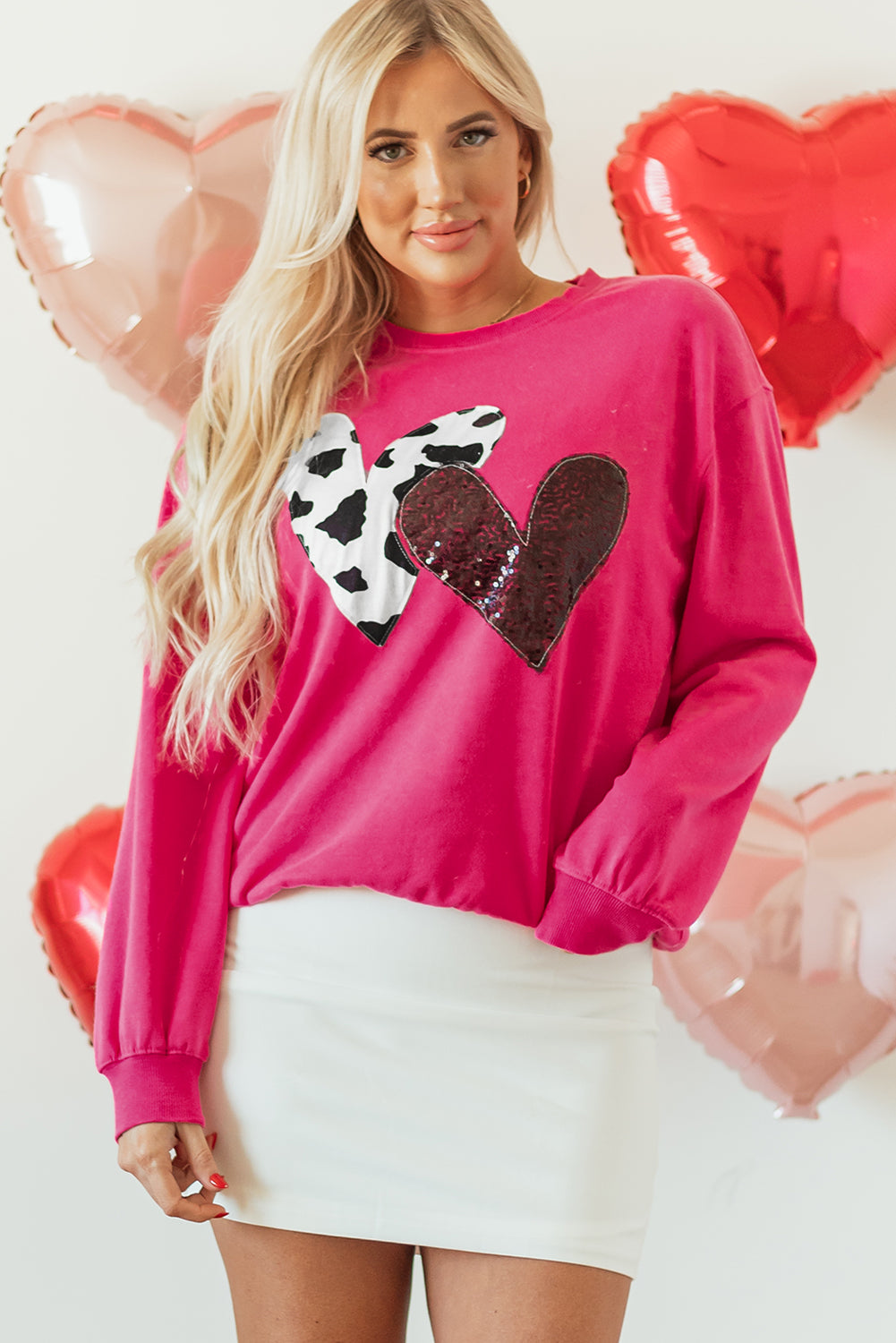 Strawberry Pink Cow & Sequin Double Heart Patch Graphic Sweatshirt - Aaria Tees