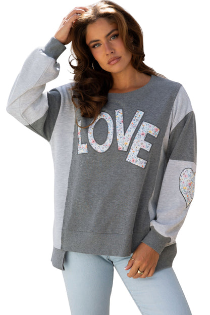 Dark Grey LOVE Graphic Exposed Seam Patchwork Uneven Hem Chic Sweatshirt