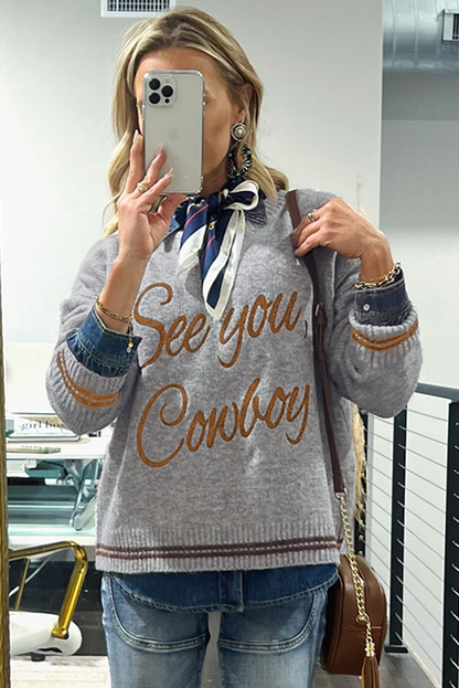 Coffee See You Cowboy Embroidered Western Graphic Sweater