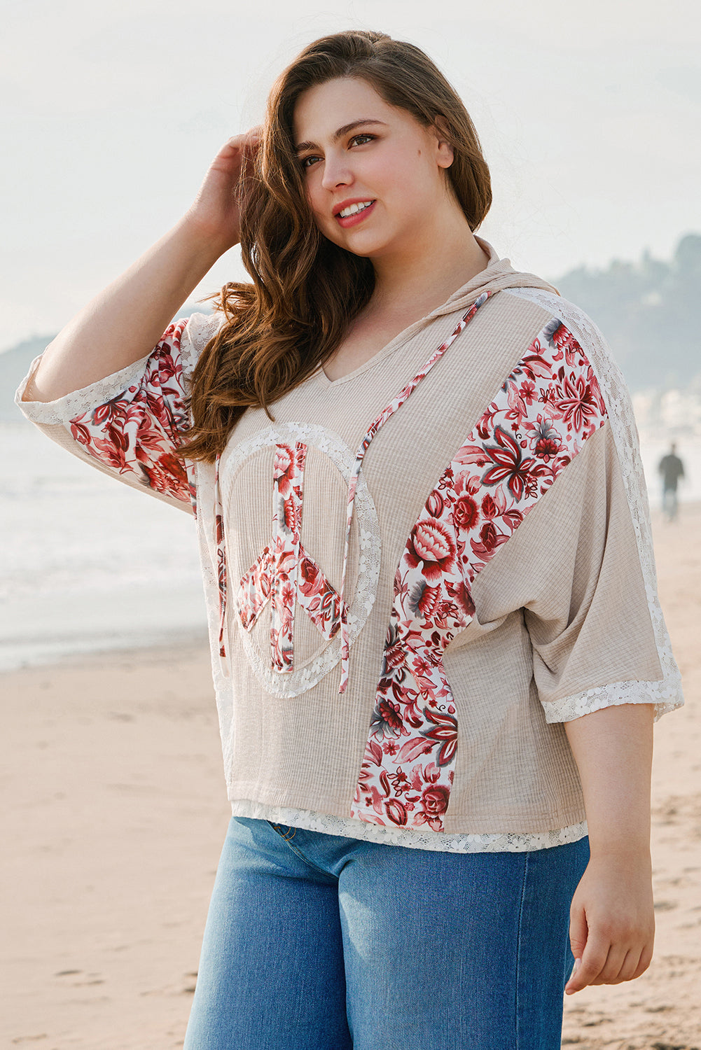 Khaki V Neck Floral Peace Sign Graphic Lace Patch Ribbed Plus Size Hooded Top - Aaria Tees