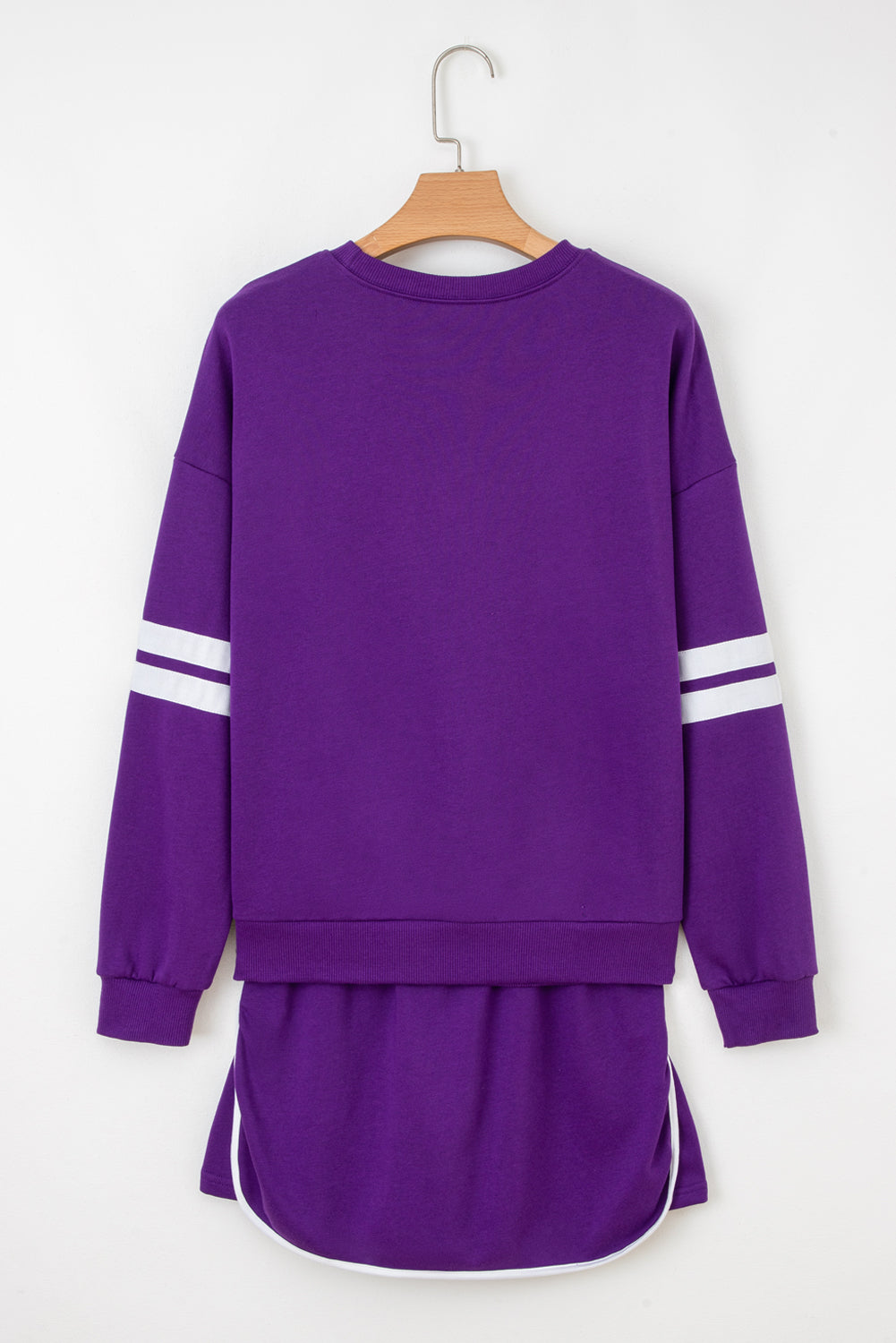 Tillandsia Purple Varsity Stripe Detail Drop Shoulder Pullover Mini Skirt Set