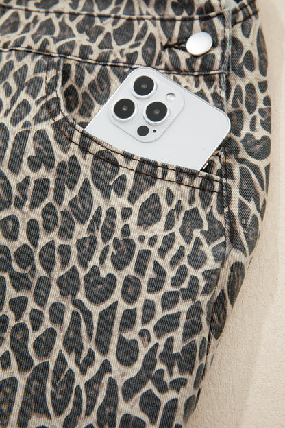 Brown Leopard Print Straight Leg Loose Denim Overall Jumpsuit