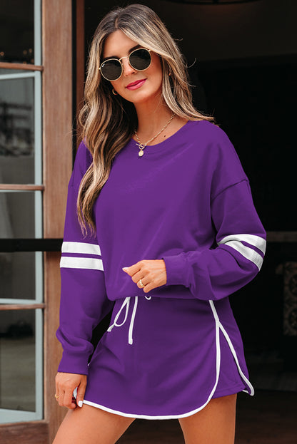 Tillandsia Purple Varsity Stripe Detail Drop Shoulder Pullover Mini Skirt Set
