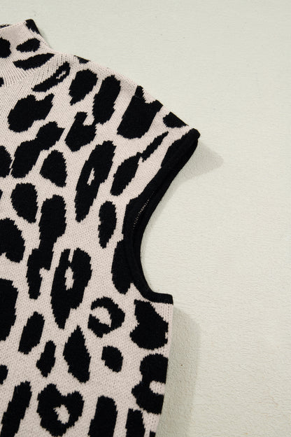 Black Leopard Print High Neck Short Sleeve Sweater