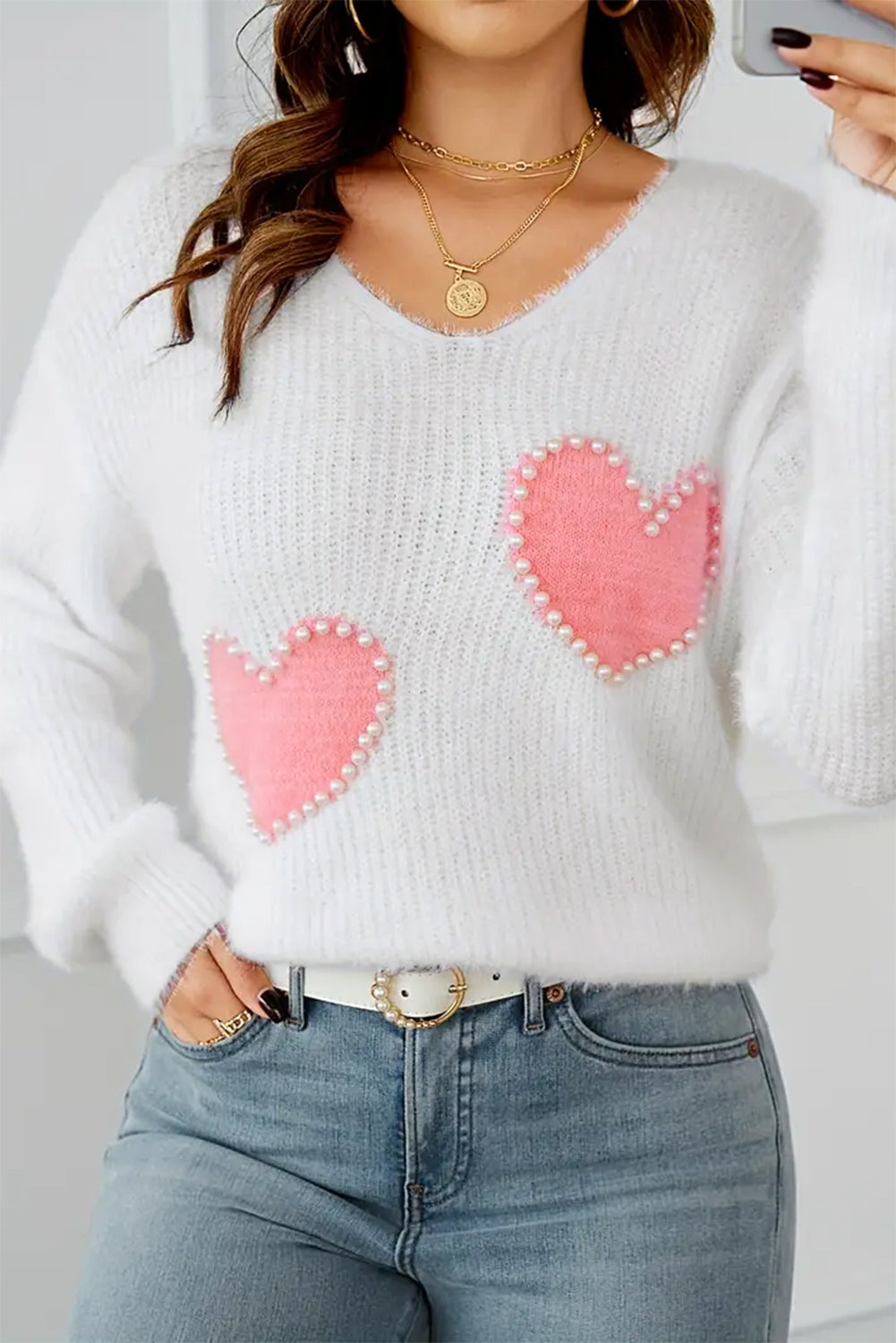 White Pearl Beaded Heart Pattern Fuzzy V Neck Sweater - Aaria Tees