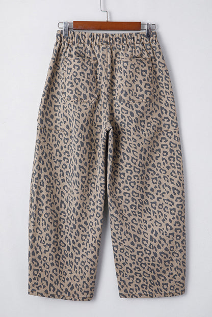 Leopard Drawstring Elastic Waist Pocketed Jeans
