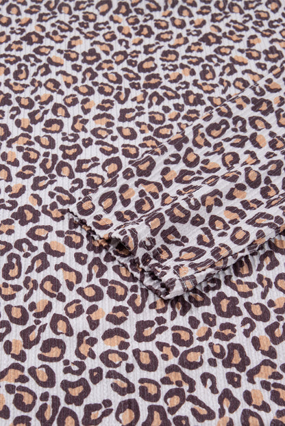 Khaki Leopard Ribbed Long Sleeve Top Drawstring Shorts 2pcs Outfit