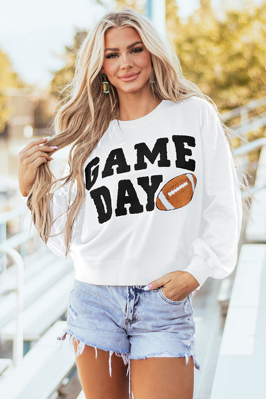 White GAME DAY Graphic Varsity Pullover Sweatshirt - Aaria Tees