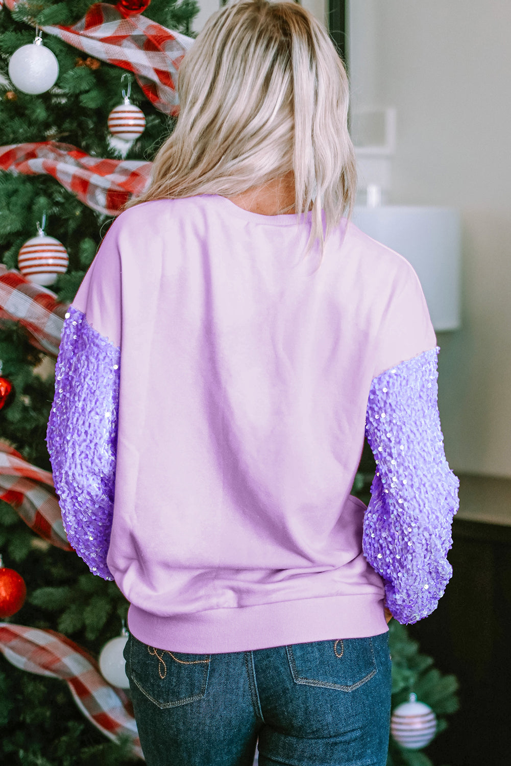 Orchid Petal Sequin Patchwork Long Sleeve Pullover Top - Aaria Tees