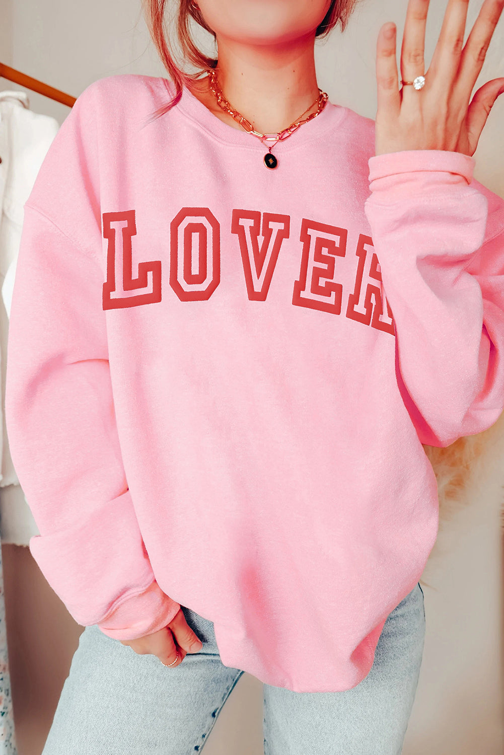 Pink LOVER Puff Print Drop Shoulder Pullover Sweatshirt - Aaria Tees