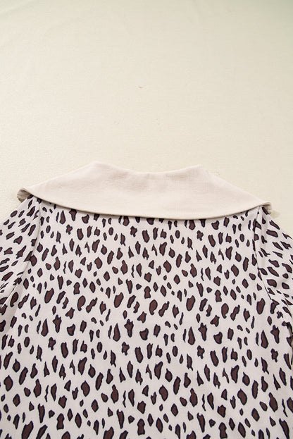 Khaki Leopard Print Zip up Collar Patchwork Shift Mini Dress