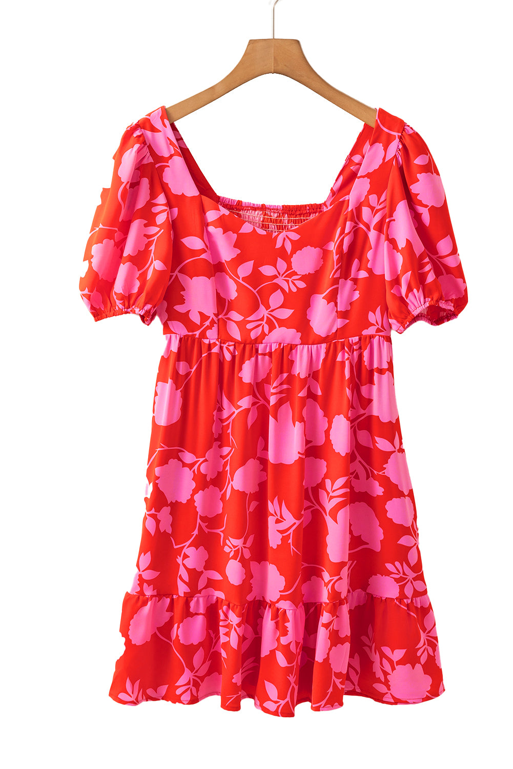 Red Floral Bubble Sleeve Sweetheart Neck Ruffled Mini Dress Aaria Tees