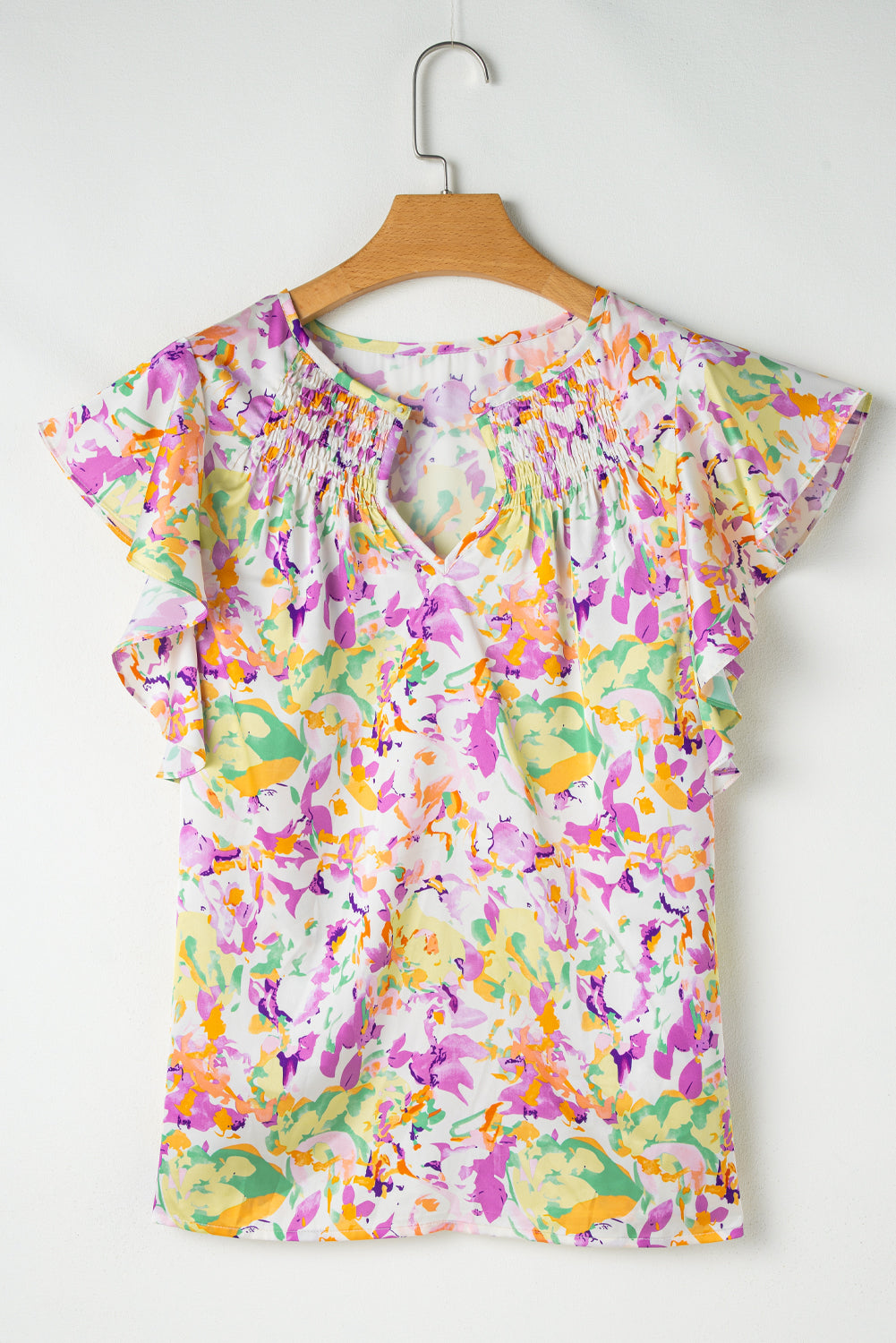 Savanna Ruffled Short Sleeve Notched Neck Blouse