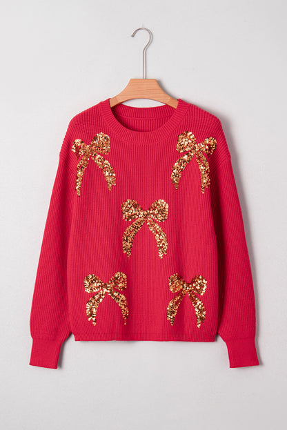 Christmas Sequin Bow Drop Shoulder Sweater