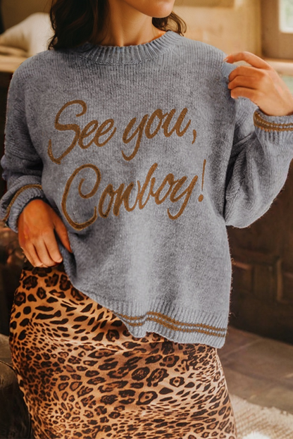Coffee See You Cowboy Embroidered Western Graphic Sweater