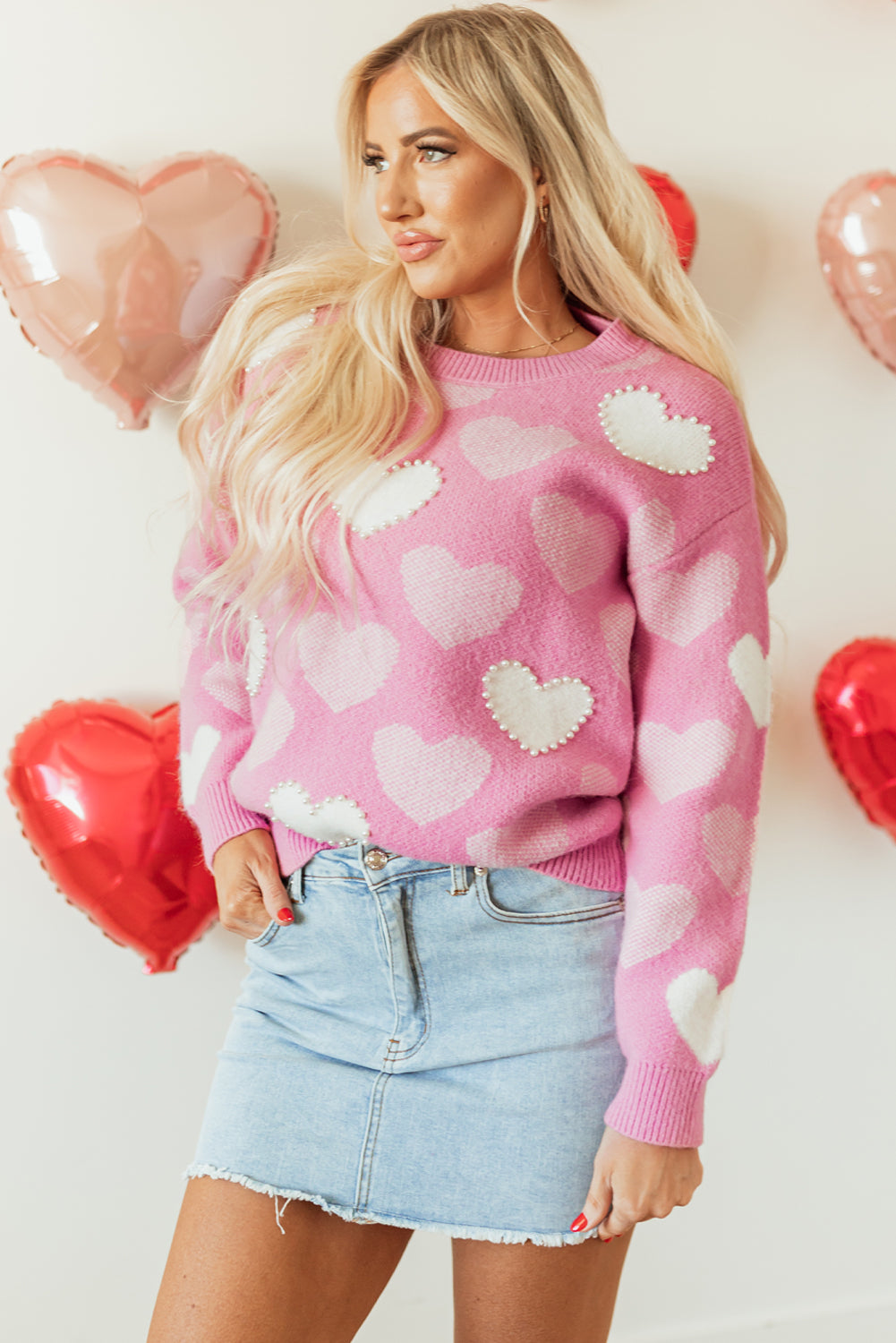 Pink Pearled Heart Print Valentines Crew Neck Sweater - Aaria Tees