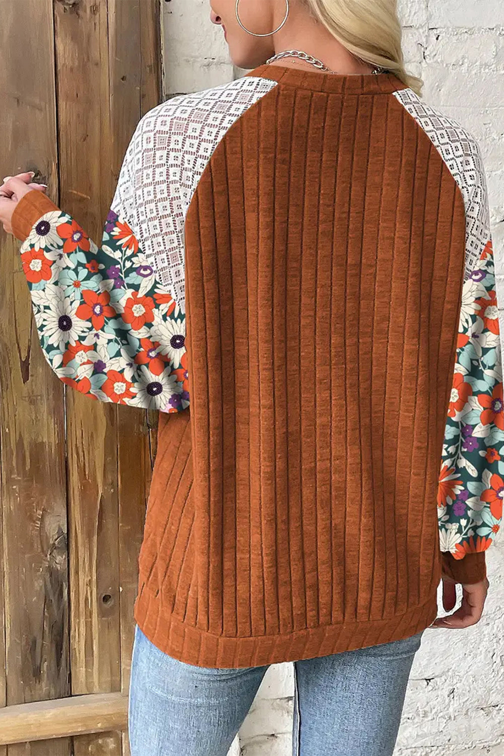 Black Floral Patchwork Long Sleeve Ribbed Blouse Aaria Tees