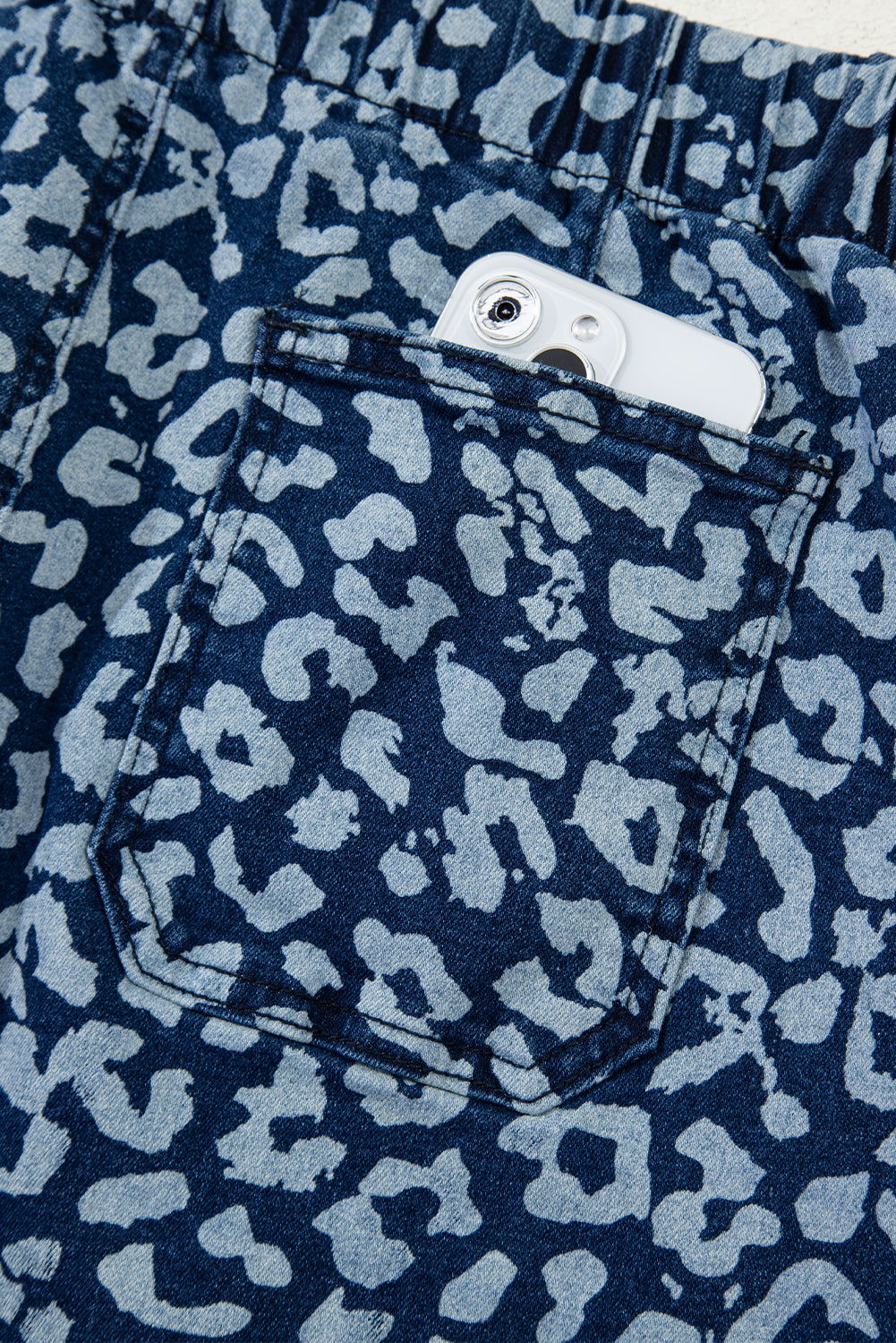 Blue Leopard Printed Drawstring Waist Pocketed Wide Leg Jeans