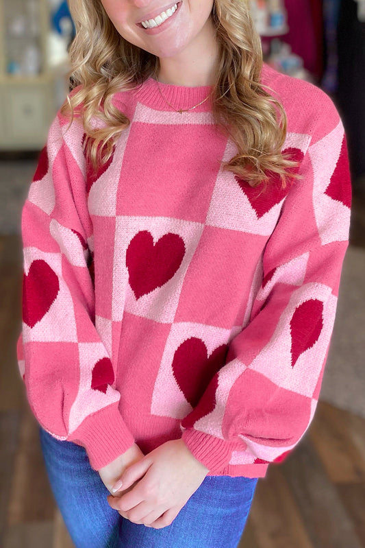 Pink Love Heart Checkered Valentine Crew Neck Sweater