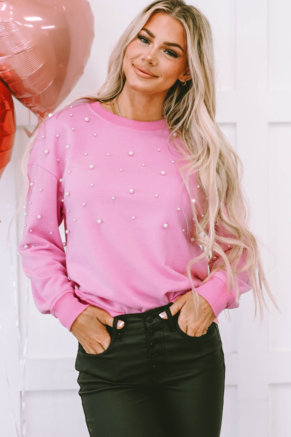 Lilah Pearl Detail Ribbed Crew Neck Sweatshirt - Aaria Tees