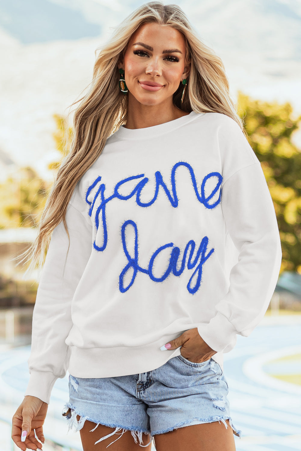 White Tinsel Game Day Drop Shoulder Graphic Sweatshirt - Aaria Tees