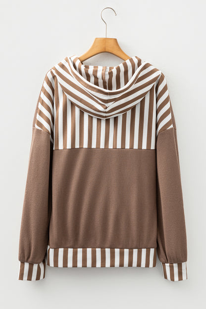 Straw Yellow Waffle Texture Striped Patchwork Button Neck Drawstring Hoodie
