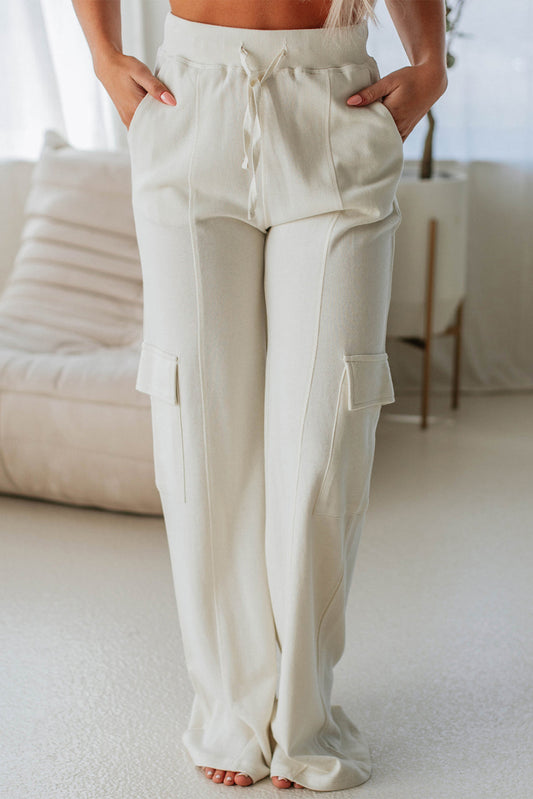 Beige Plain Cargo Pockets High Waist Casual Sweatpants Aaria Tees