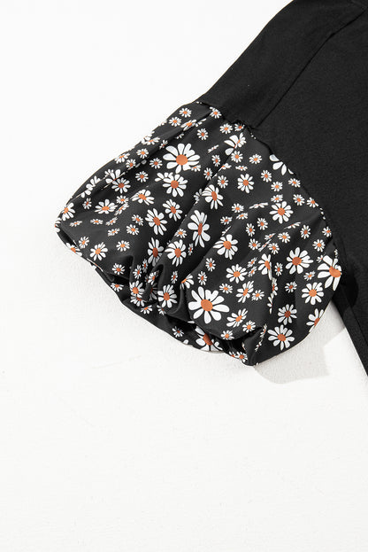 Black Contrast Floral Puff Sleeve Oversized Top