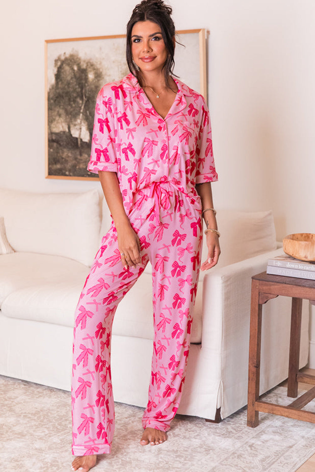 Pink Bow Knot Print Lapel Collar Short Sleeve and Pants Pajamas Set - Aaria Tees
