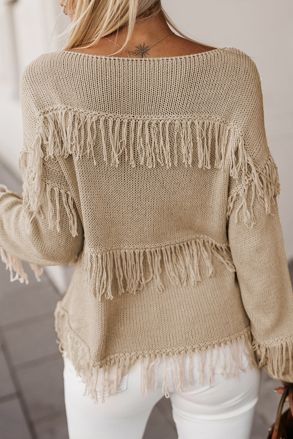 Dakota Boho Tasseled Knitted Sweater Threaded Pear