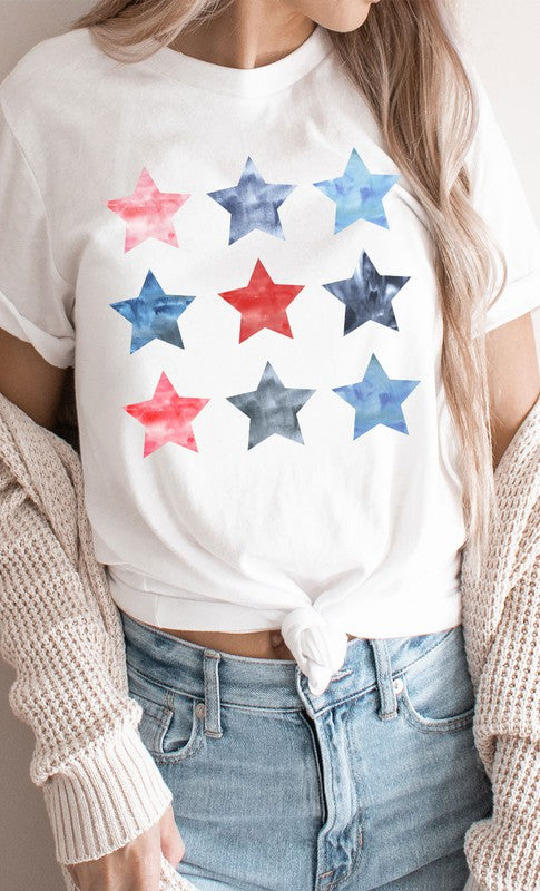 Watercolor Patriotic Star Grid Graphic Tee - Aaria Tees
