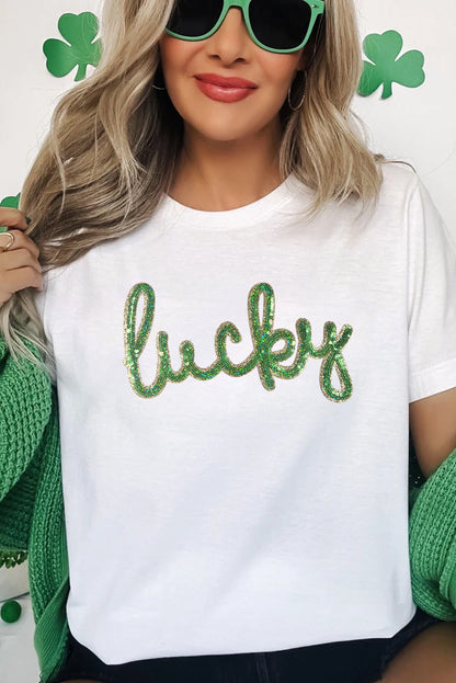 White Sequined Lucky St.Patricks Day Graphic Tee