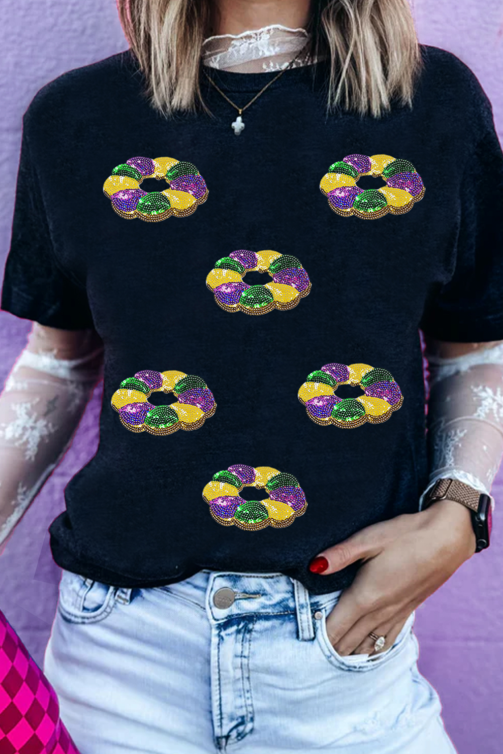 White Sequined Mardi Gras Pattern Crew Neck Short Sleeve Top - Aaria Tees Aaria Tees