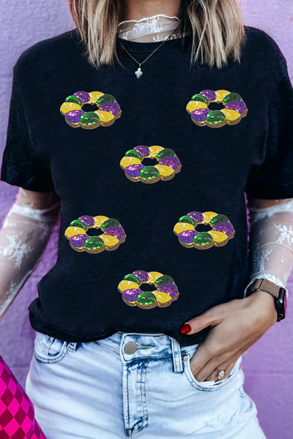 White Sequined Mardi Gras Pattern Crew Neck Short Sleeve Top - Aaria Tees