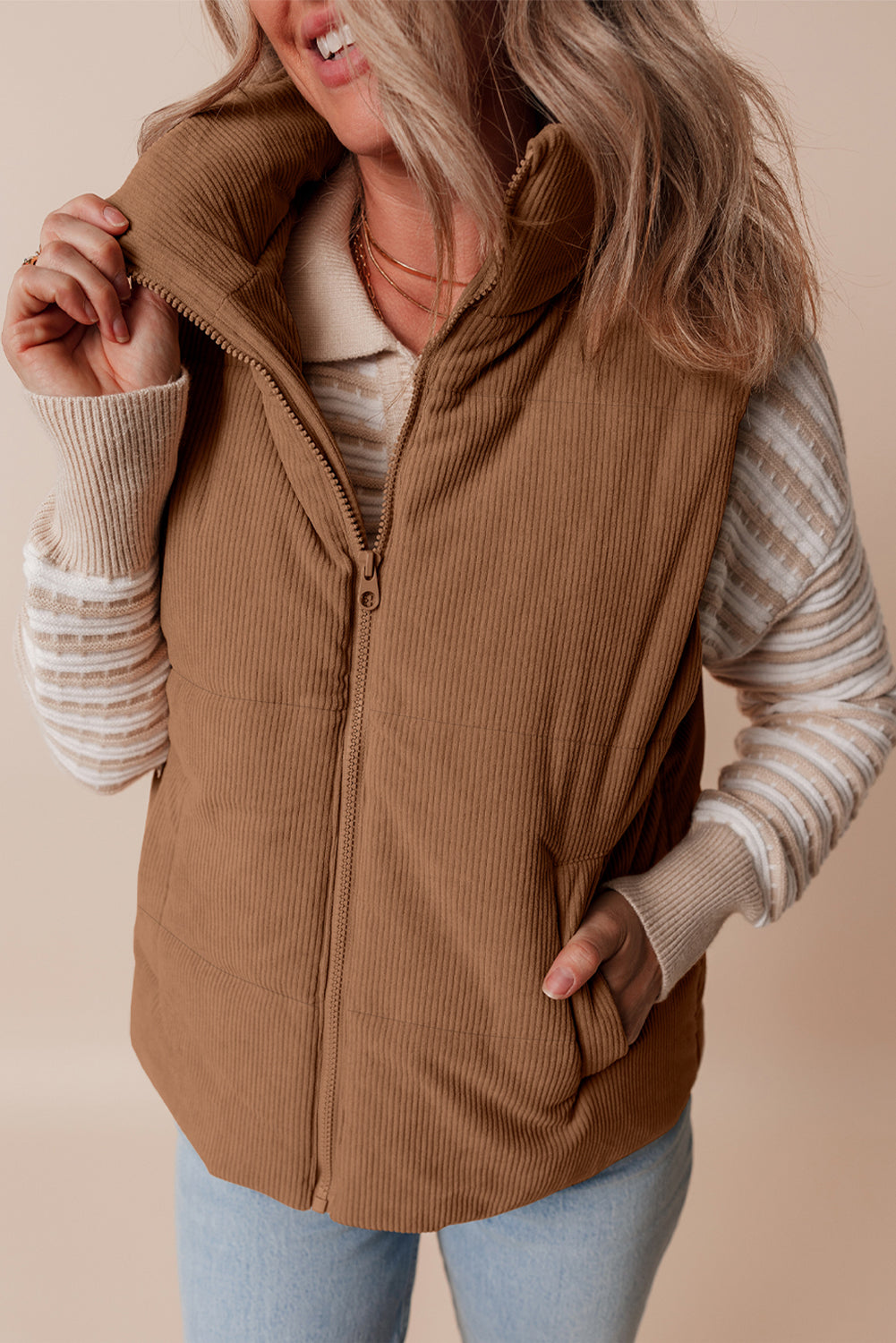 Natalia Corduroy Zipped Puffer Vest - Aaria Tees