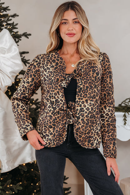 Leopard Quilted Tie Front Jacket